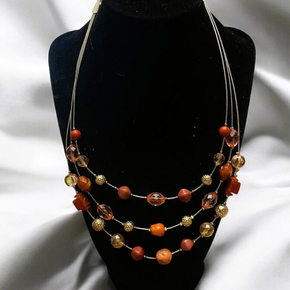 Vintage Multi-Strand Gold Wire Floating Orange, Amber Beaded Statement Necklace